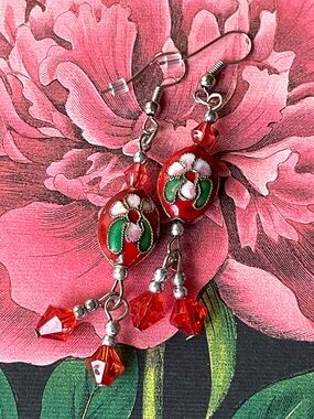 Vintage/style boho maximalist cloisonné & crystal dangle earrings